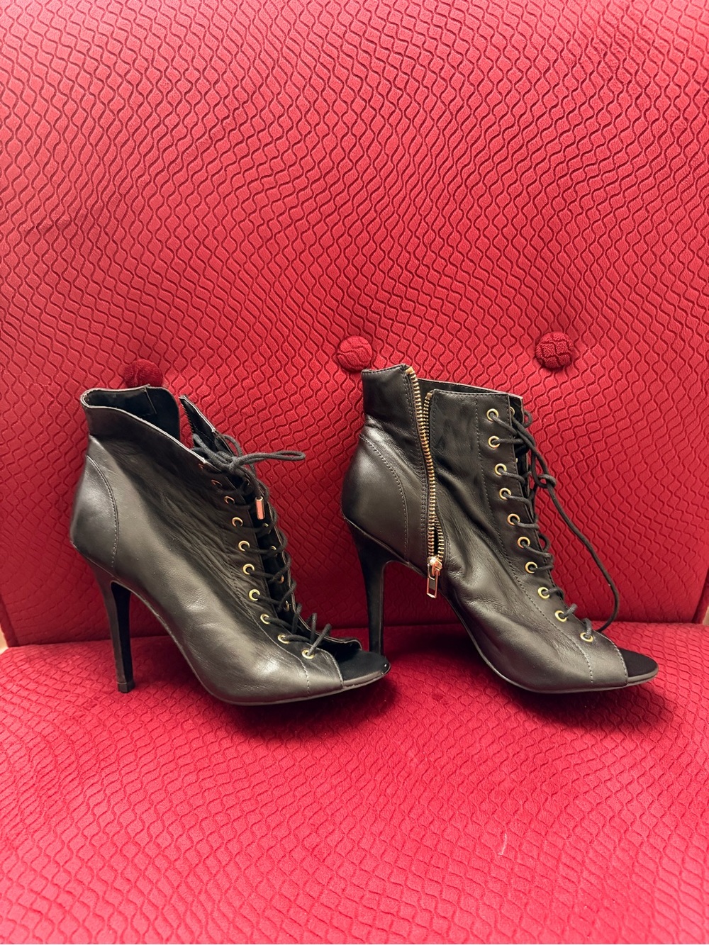 Steven By Steve Madden Black Lace-Up Peep-Toe Stiletto Booties